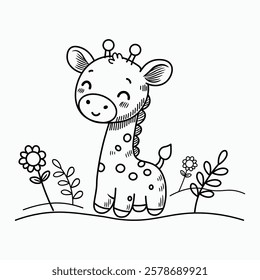 Cute Hand Drawn Cartoon Giraffe Standing Among Flowers in Spring