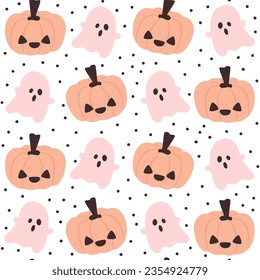 Cute hand drawn cartoon halloween pumpkins and pink ghosts seamless vector pattern background illustration for fall holidays