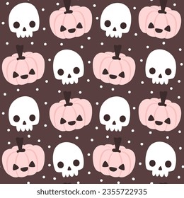 Cute hand drawn cartoon halloween pink spooky pumpkins and skulls seamless vector pattern background illustration for fall holidays