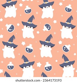 Cute hand drawn cartoon halloween wizard ghosts seamless vector pattern background illustration for halloween holiday