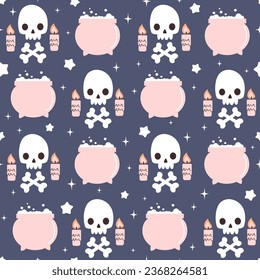 Cute hand drawn cartoon halloween spooky seamless vector pattern background illustration with funny pink witch cauldron, skulls, candles, bones and stars