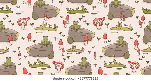 Cute hand drawn cartoon horizontal seamless vector pattern illustration with green frogs on the rock, red mushrooms and grass on beige pastel background