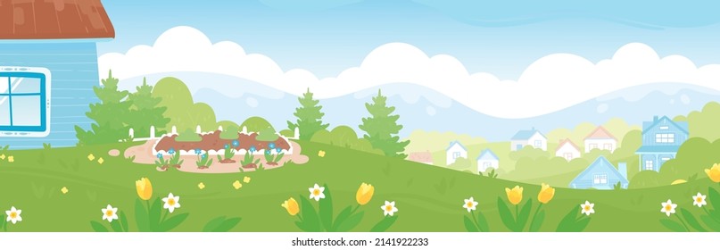 Cute hand drawn cartoon illustration of house and flowerbed. Beautiful mountains village