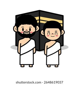 Cute Hand Drawn Cartoon Illustration Father and Son Pilgrims Performing Hajj Standing in Front of Kaaba
