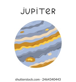 Cute hand drawn cartoon Jupiter. Gas giant planet of Solar System. Childish simple doodle of astronomy celestial body for kids education, outer space infographic, universe placard.