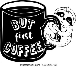 Cute hand drawn cartoon line sloth. Hand drawn, doodle style. Cute funny vector illustration. Black line art isolated on white background
