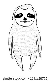 Cute hand drawn cartoon line sloth. Anti-stress coloring for adult. Zentangle style. Black and white lines.  