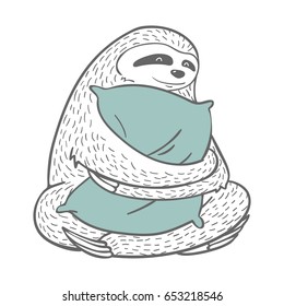 cute hand drawn cartoon line sloth with pillow