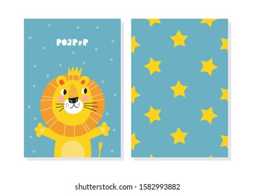 Cute hand drawn cartoon lion character - vector poster. Great for designing baby clothes. 