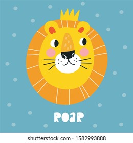 Cute hand drawn cartoon lion character - vector poster. Great for designing baby clothes. 