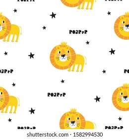 Cute hand drawn cartoon lion character - vector poster. Great for designing baby clothes. Seamless pattern