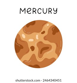 Cute hand drawn cartoon Mercury. The closest rocky planet to the Sun of Solar System. Childish simple doodle of astronomy celestial body for kids education, outer space infographic, universe placard.