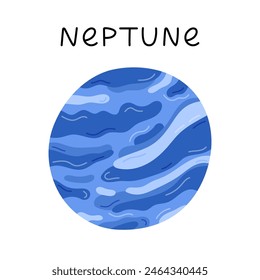 Cute hand drawn cartoon Neptune. Ice planet of Solar System. Childish simple doodle isolated on white. Astronomy celestial body for kids education, outer space infographic, astrology design.