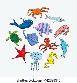 Cute hand drawn cartoon ocean animals on a light background. Vector illustration of sea creatures.