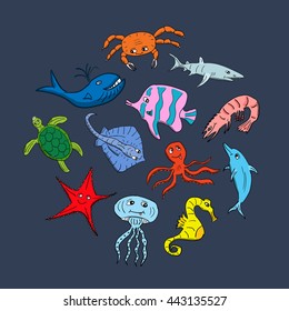 Cute hand drawn cartoon ocean animals on a dark background. Vector illustration of sea creatures.