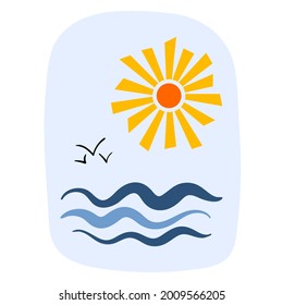 Cute hand drawn cartoon palm trees waves and sun. Flat vector illustration in doodle style. Drawing for print T shirts, design element.
