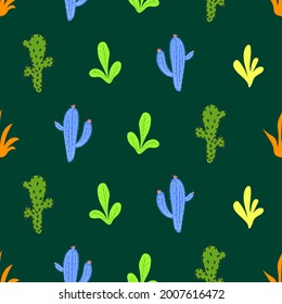 Cute hand drawn cartoon palms and cacti. Seamless pattern. Print for printing on fabric, wallpaper, paper, packaging.