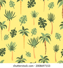 Cute hand drawn cartoon palms and cacti. Seamless pattern. Print for printing on fabric, wallpaper, paper, packaging.