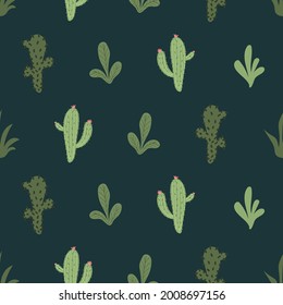 Las palmas de las caricaturas dibujadas a mano y los cactus. Patrón sin foco. Impresión para imprimir en tela, papel pintado, papel y embalaje.
