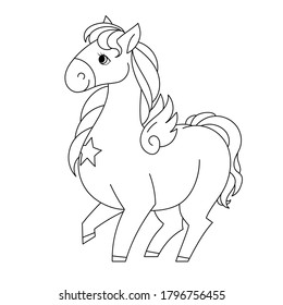 Cute hand drawn cartoon Pegasus. Vector illustration in black outline on a white background for designing baby clothes, kid print, posters, coloring page