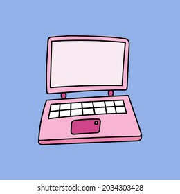 Cute hand drawn cartoon pink laptop with keyboard for business, communication, games. Device for office, working at home or at cafe. Colorful vector clipart illustration isolated on the background.