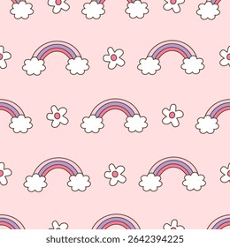 cute hand drawn cartoon pink and purple rainbow and white daisy flowers seamless vector pattern background illustration	