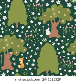 cute hand drawn cartoon rabbit and fox in the meadow with trees and flowers springtime seamless vector pattern background illustration	