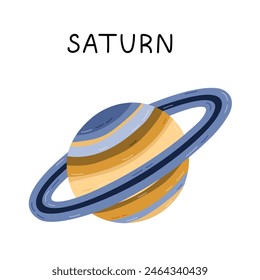 Cute hand drawn cartoon Saturn. Gas giant planet of Solar System and Galaxy. Childish simple doodle isolated on white. Astronomy celestial body for kids education, space infographic, astrology design.