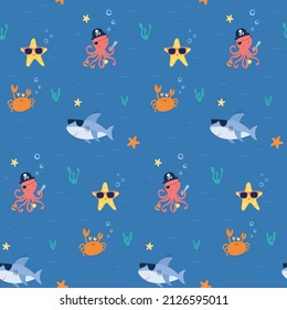 Cute Hand Drawn Cartoon Sea Creatures Seamless Pattern As Vector