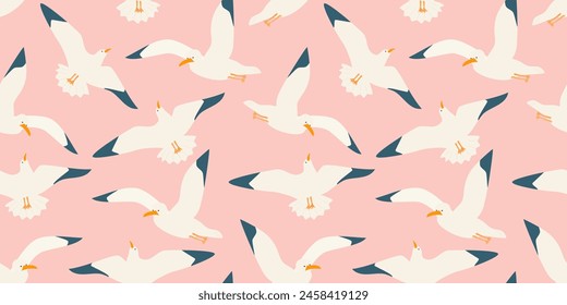  lindo dibujado a mano gaviotas de dibujos animados que vuelan en un cielo rosa atardecer sin patrón de Vector ilustración de fondo