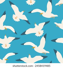  cute hand drawn cartoon seagulls flying in the blue sky seamless vector pattern background illustration