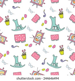 Cute hand drawn cartoon seamless pattern with the image of rocking chairs, linens, sweets and TV show series. Doodle style vector