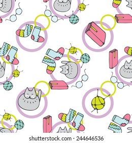 Cute hand drawn cartoon seamless pattern with the image of knitted socks, the cat, books, knitting and glasses. Doodle style vector