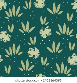 Cute hand drawn cartoon seamless vector pattern background illustration with green frogs and grass	