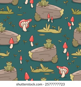 Cute hand drawn cartoon seamless vector pattern background illustration with green frogs on the rock, red mushrooms and grass