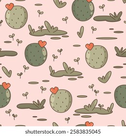 cute hand drawn cartoon seamless vector pattern illustration with cacti with hearts, leaves and grass on pastel pink background