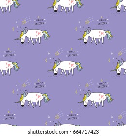 Cute hand drawn cartoon seamless pattern with unicorns. Vector background.