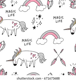 Cute hand drawn cartoon seamless pattern with unicorns, crystals and other magic elements. Vector background.