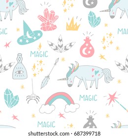 Cute hand drawn cartoon seamless pattern with unicorns, crystals and other magic elements. Vector background.