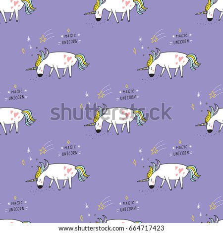 Cute hand drawn cartoon seamless pattern with unicorns. Vector background.