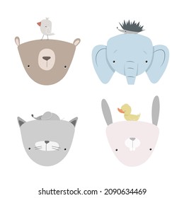 Cute hand drawn cartoon set of animals. Friendship concept with funny pet faces. Vector illustration isolated on white background.