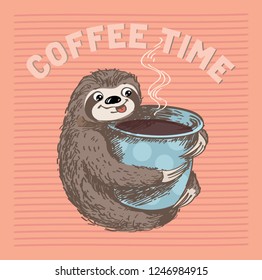 cute hand drawn cartoon sloth hugs a cup of cofee. colorful animal illustration in vector graphic