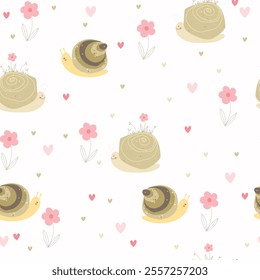 Cute hand drawn cartoon snails, flowers and hearts. Vector illustration with animals.