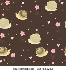 Cute hand drawn cartoon snails, flowers and hearts. Vector illustration with animals.