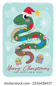 Cute hand drawn cartoon snake wearing Santa hat and light bulbs celebrate Christmas. 2025 Christmas and New year greeting card. Funny, whimsical Xmas holiday poster design.