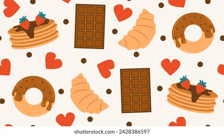 cute hand drawn cartoon strawberry pancake, chocolate bar, donuts, croissant and red hearts seamless vector pattern background illustration