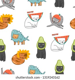Cute hand drawn cartoon style cats in various costumes. Colored trendy vector seamless pattern