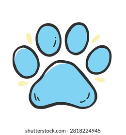 A cute hand drawn cartoon style blue animal paw print with simple black outline and subtle light yellow accent marks
