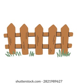 A cute hand drawn cartoon style wooden fence with green grass at the base on a white background