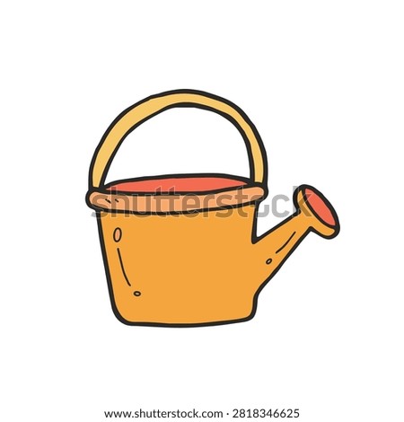 A cute hand drawn cartoon style yellow watering can with a simple handle and spout isolated on a plain white background